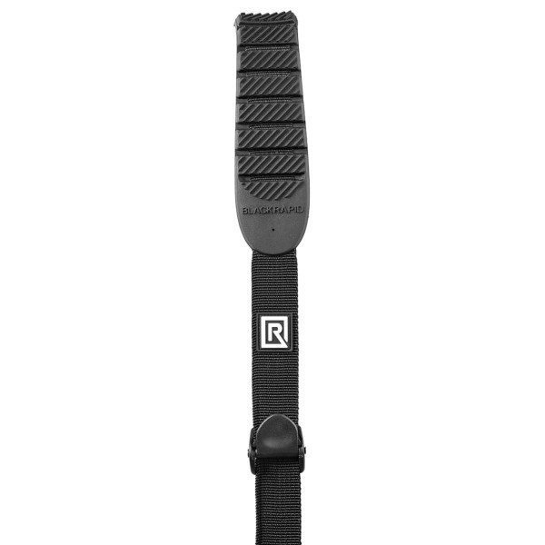 BlackRapid Cross Shot Breathe Camera Strap in black, featuring a non-slip rubber shoulder pad, adjustable length, and locking carabiner.