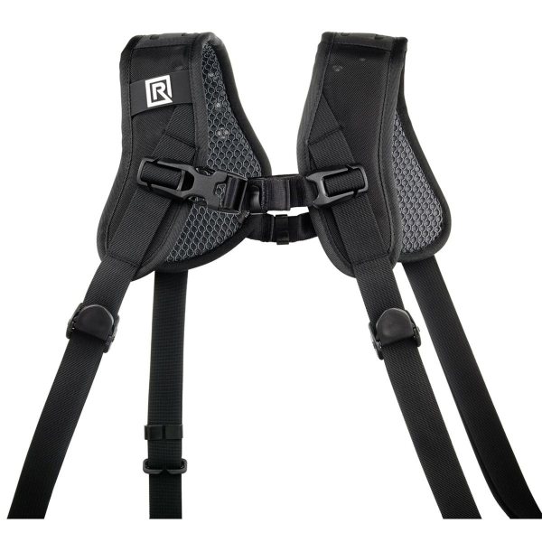 A black shoulder strap featuring two attached straps for added support and functionality.
