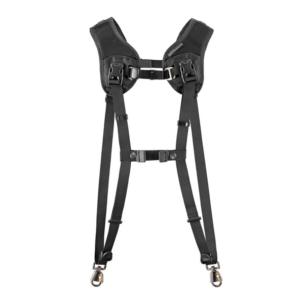 BlackRapid Double Breathe strap, showing dual padded straps with breathable mesh, designed for carrying two cameras comfortably and securely.