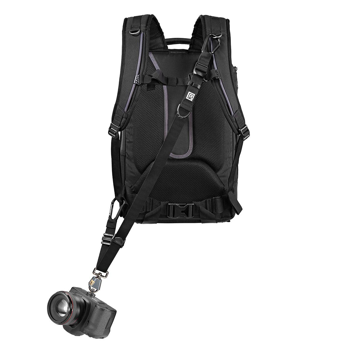 362001-Backpack-Breathe-01 - BLACKRAPID Canada BlackRapid Backpack Breathe adapter laid out flat, showing adjustable strap and locking carabiner.