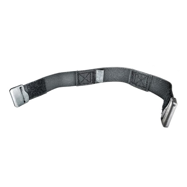 A black belt featuring a shiny metal buckle, laid flat against a neutral background.