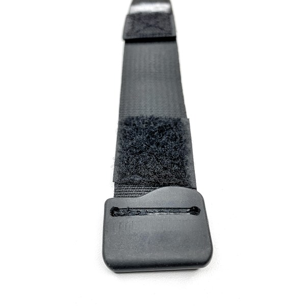 A black strap with a metal buckle displayed on a white background.