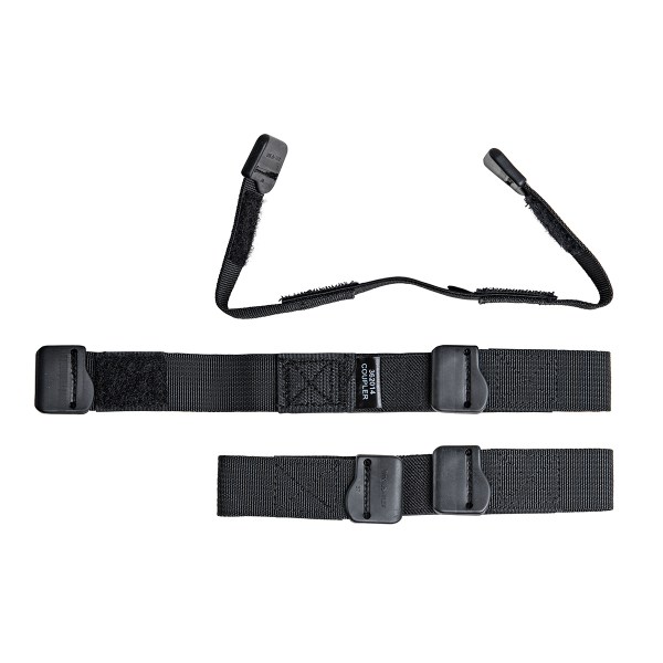 A pair of black straps featuring a metal buckle, designed for securing or fastening items together.