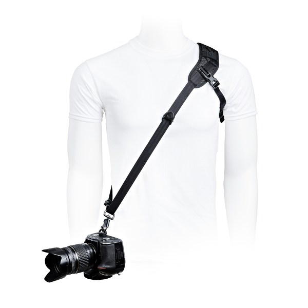 BlackRapid Blackline I Right camera strap displayed on white background, showing breathable shoulder pad, locking carabiner, and underarm stabilizer.
