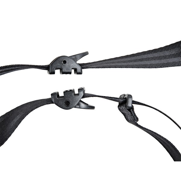 Close-up of BlackRapid Blackline I strap safety tether and locking buckle system, showing secure attachment mechanism.
