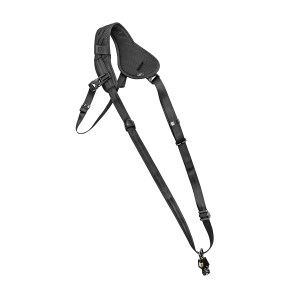 BlackRapid BlackLine camera strap worn over left shoulder with camera positioned at the right hip.