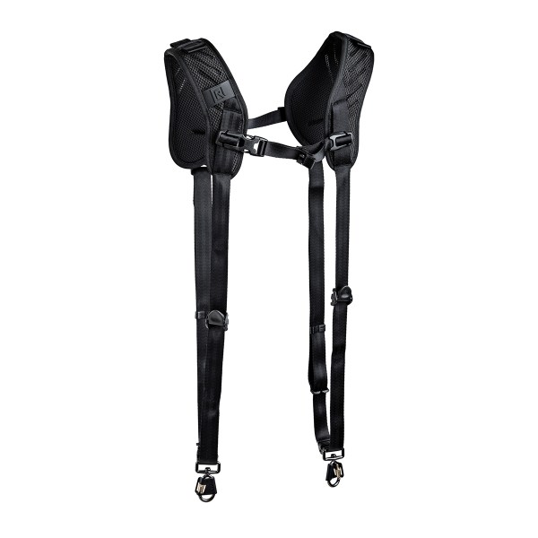BlackRapid camera strap with shoulder pad, clips, and hardware laid out on a white background.