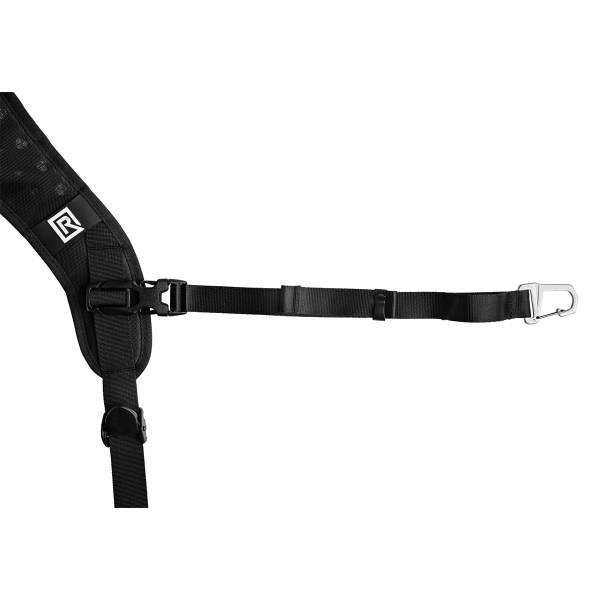 Black adjustable strap with carabiner clip on one end and quick-release buckle on the other.