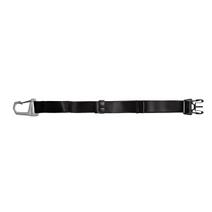 Black adjustable strap with carabiner clip on one end and quick-release buckle on the other.