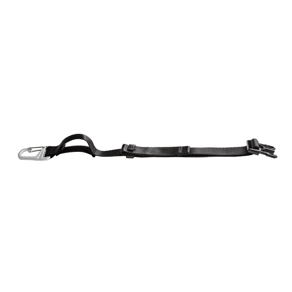 Black adjustable strap with carabiner clip on one end and quick-release buckle on the other.