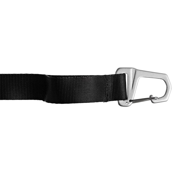 Black adjustable strap with carabiner clip on one end and quick-release buckle on the other.