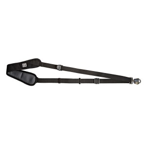 A black camera strap featuring a metal buckle, designed for photographers on the move with updated hardware and materials.
