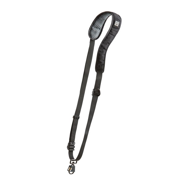 Black strap with a metal clip, designed for women, offering comfort and style for camera carrying.
