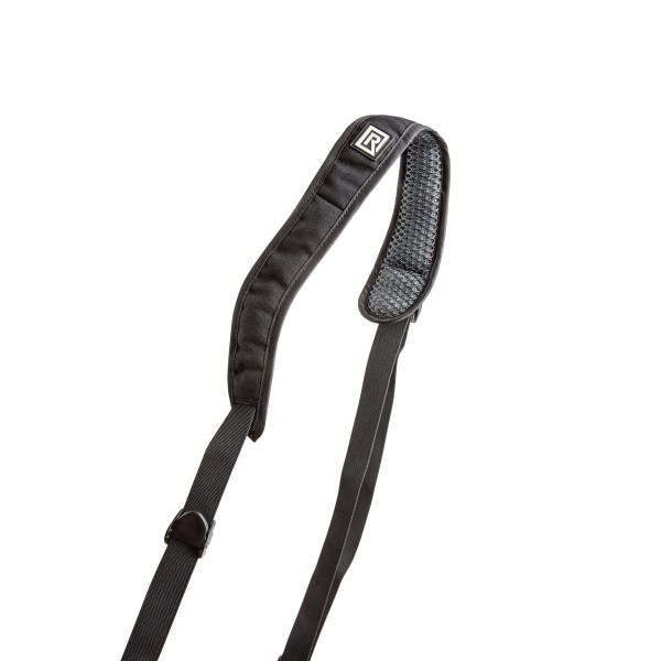 Black strap with a metal clip, designed for women, offering comfort and style for camera carrying.