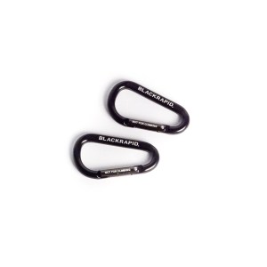 Set of two 70mm BlackRapid aluminum carabiners with matte black finish, designed for camera gear attachment.