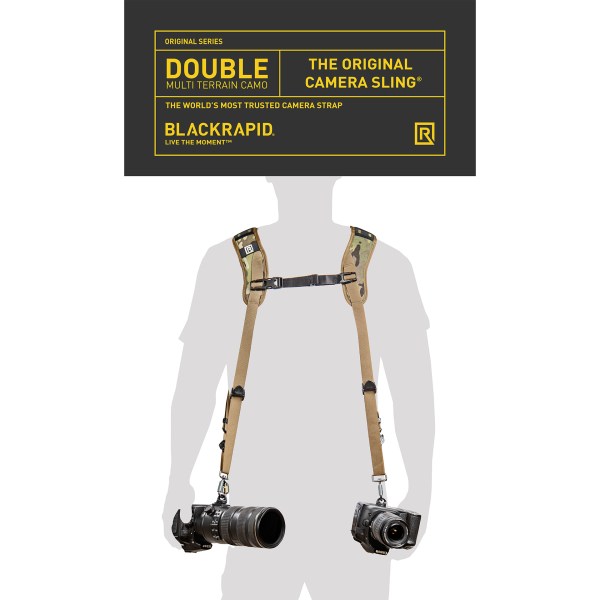 BlackRapid Double MCT Front connector, designed to securely attach two camera straps to the front of a harness for balanced and comfortable camera carrying.