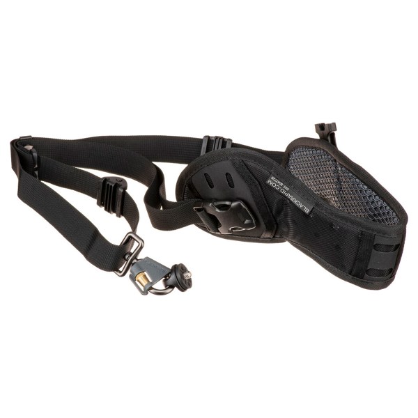 Close-up of the BlackRapid RP Double Breathe strap, highlighting the padded, breathable mesh and dual straps for carrying two cameras.