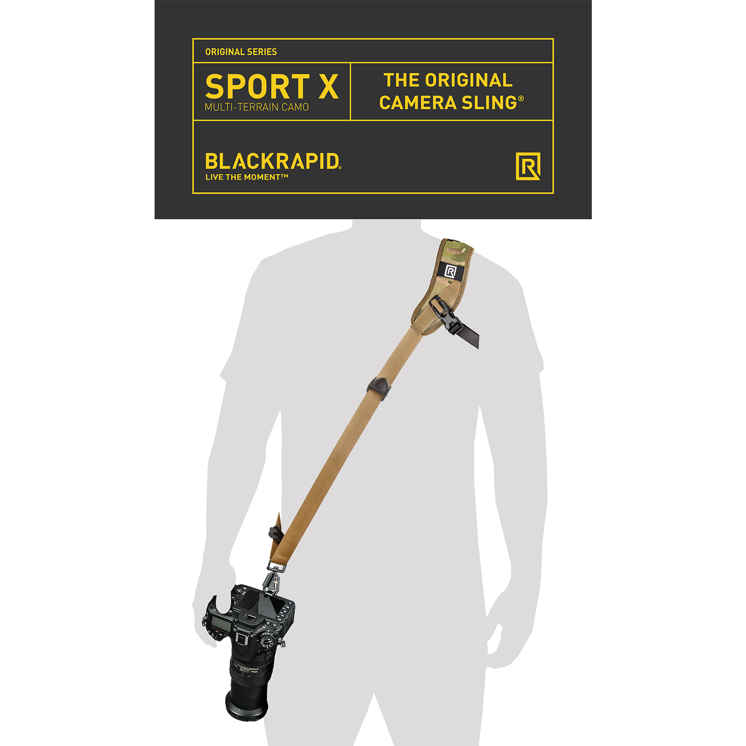 Sport-X-Multi-T-Camo-Front - BLACKRAPID Canada BlackRapid Sport X camera sling in Coyote color, shown from the back, highlighting the blackhead camera strap design.