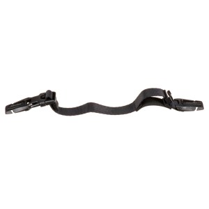 Black strap featuring two metal clips attached, suitable for securing or fastening items together.