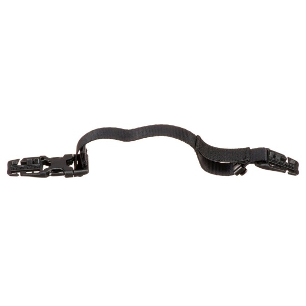 Black strap featuring two metal clips attached, suitable for securing or fastening items together.