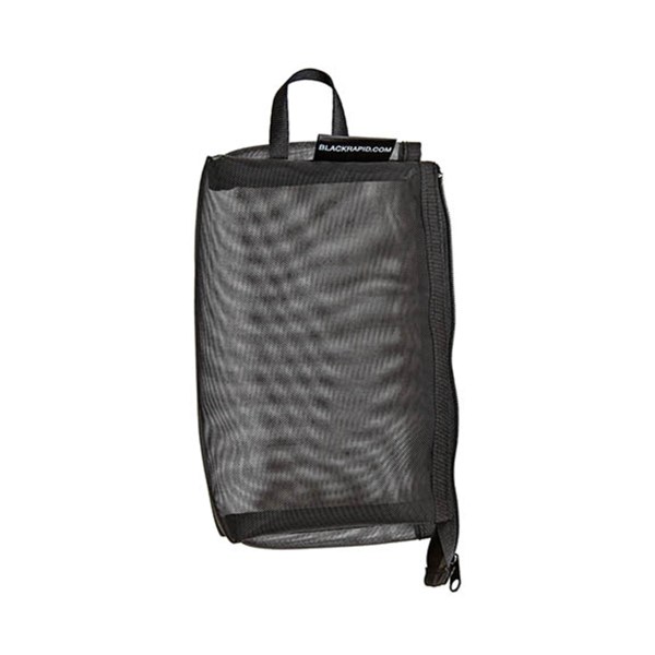 Black mesh zippered gear bag with carrying loop, ideal for organizing camera accessories.