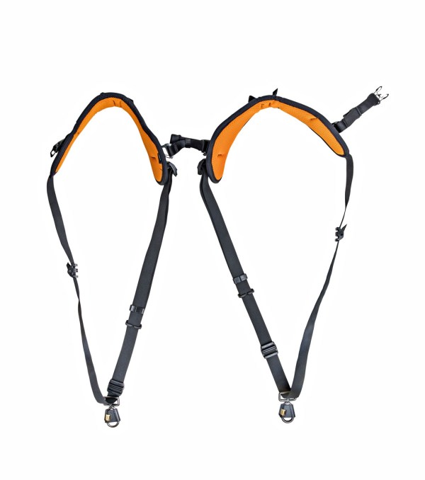 361020_BLACKRAPID_DoubleX_08_Web - BLACKRAPID Canada Two straps featuring orange and black designs, displayed side by side on a neutral background.