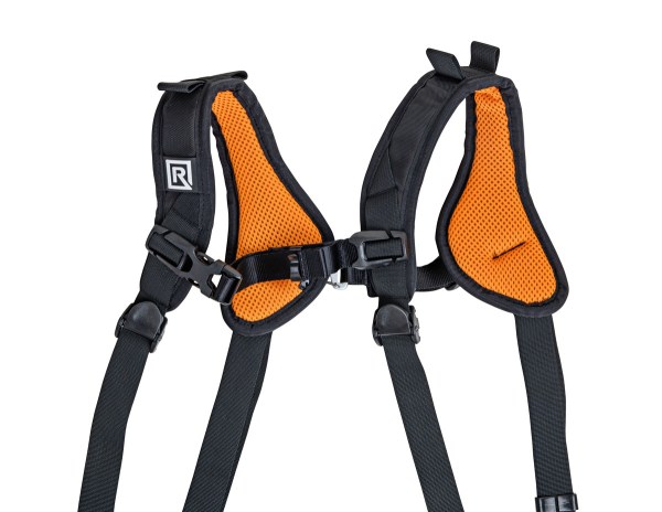 361021_BLACKRAPID_DoubleX_Slim_06_Web - BLACKRAPID Canada Black and orange harness featuring two adjustable straps for secure fit and comfort.