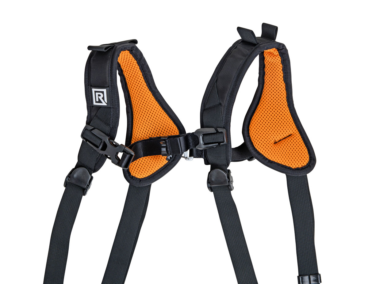361021_BLACKRAPID_DoubleX_Slim_06_Web - BLACKRAPID Canada Black and orange harness featuring two adjustable straps for secure fit and comfort.