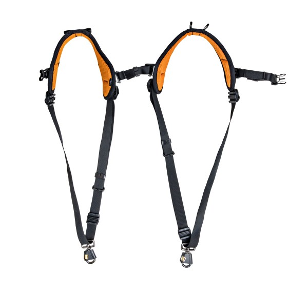361021_BLACKRAPID_DoubleX_Slim_07_Web - BLACKRAPID Canada Two straps featuring orange and black colors, displayed side by side on a neutral background.