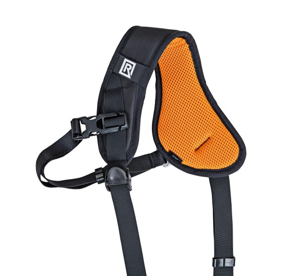 Shoulder strap featuring a bold orange and black design, suitable for bags or accessories.