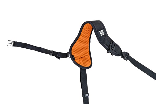 Black and orange shoulder strap displayed against a plain white background.