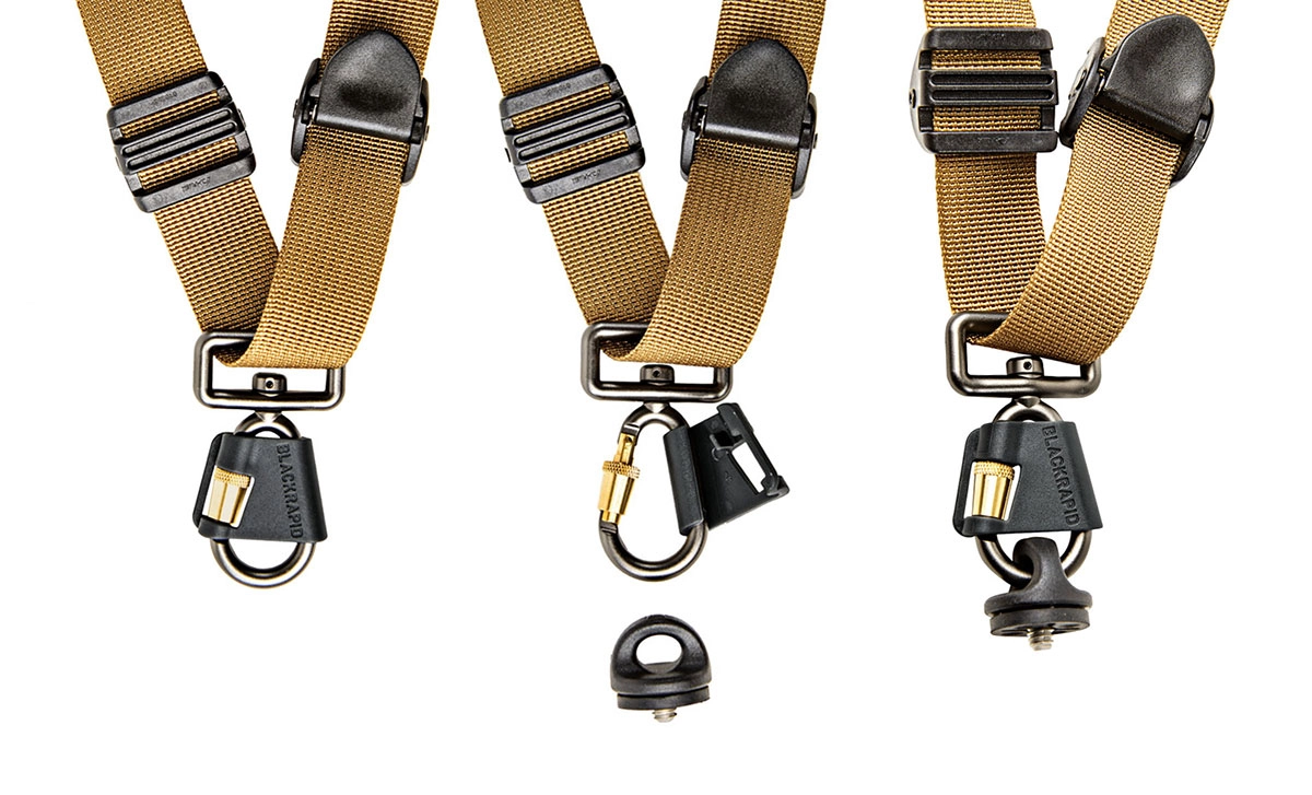 BLACKRAPID_SportX_Multi-TCamo_Carabiner - BLACKRAPID Canada Three types of straps featuring metal clasps, showcasing different colors and designs for various uses.